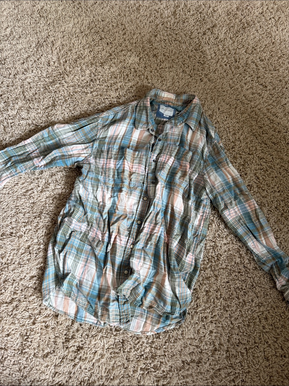American Eagle Outfitters Plaid Button-Down Shirt in Teal, Pink, Cream
